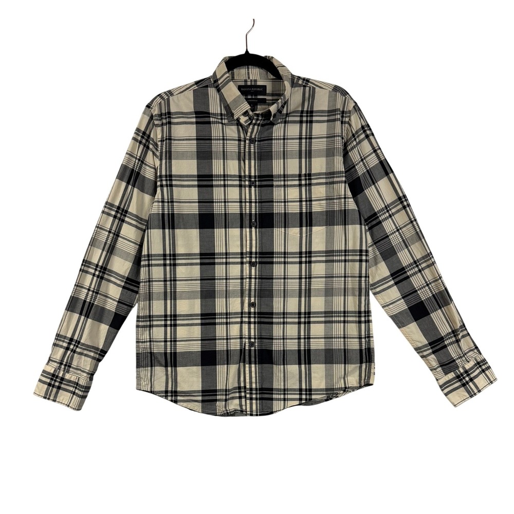 Banana Republic S Cream Black Plaid Buttoned Shirt Untucked Fit 100% Cotton Work